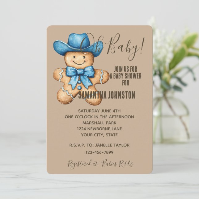 Invitación Feliz Baby Shower Gingerbread Cowboy (Anverso de pie)