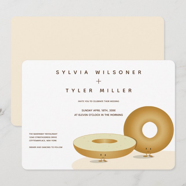 Invitación Feliz Bagels Boda White Cream Brown (Anverso / Reverso)