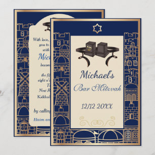 Invitación Feliz Bar Mitzvah Jerusalén Kotel Tefilín Oro