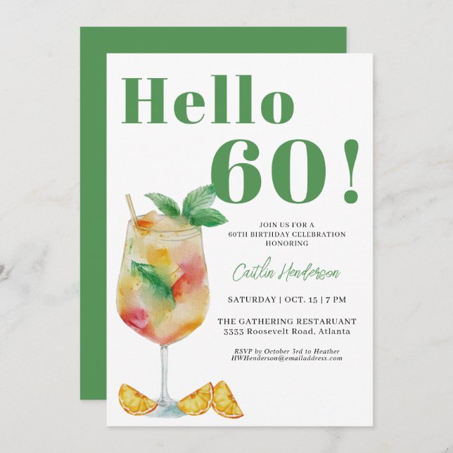 Invitación Feliz bebida verde de cóctel cumpleaños número 60 (Anverso / Reverso)