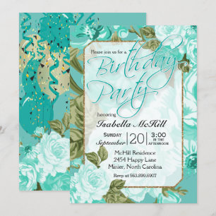 Invitación Feliz BIrthday - Diseño floral Verde azulado
