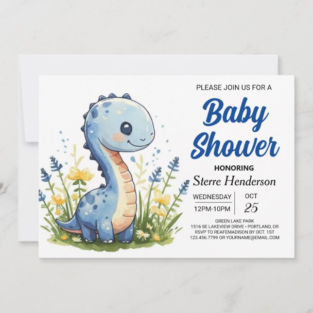 Invitación Feliz Blue Funny Dinosaur Boy Baby Shower (Anverso)