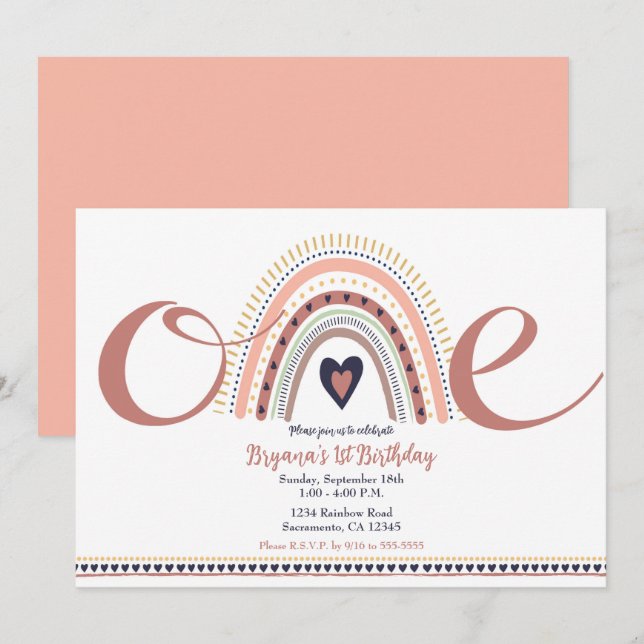 Invitación Feliz Boho Arcoíris Moderno Cumpleaños 1 1er Fiest (Anverso / Reverso)