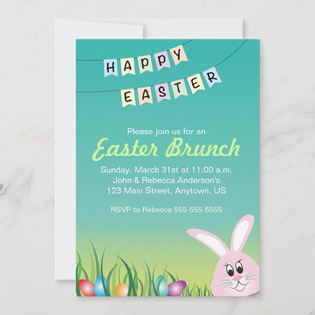 Invitación Feliz Brunch de Pascua, Conejo y Huevos (Anverso)