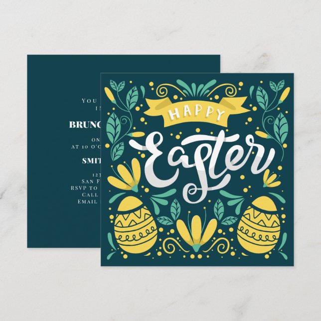 Invitación Feliz Brunch de Pascua y follaje de Huevo (Anverso / Reverso)