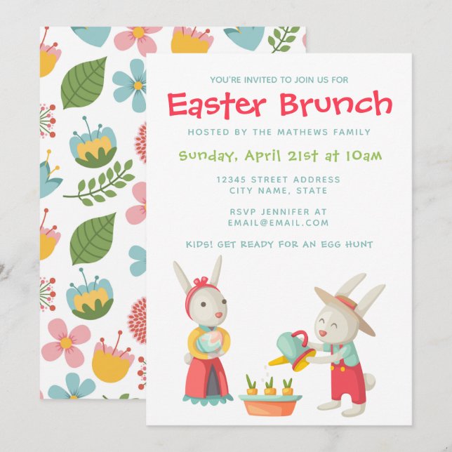 Invitación Feliz Brunch Floral de conejo de pascua (Anverso / Reverso)