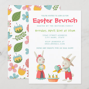 Invitación Feliz Brunch Floral de conejo de pascua