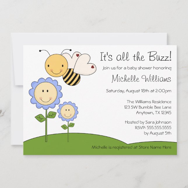 Invitación Feliz Bumble Bee Blue Daisy Baby Shower (Anverso)