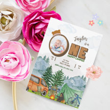 Feliz Camper 1er cumpleaños Invite (niño, foto)