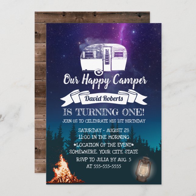Invitación Feliz camper Forest Camping al aire libre 1er cump (Anverso / Reverso)