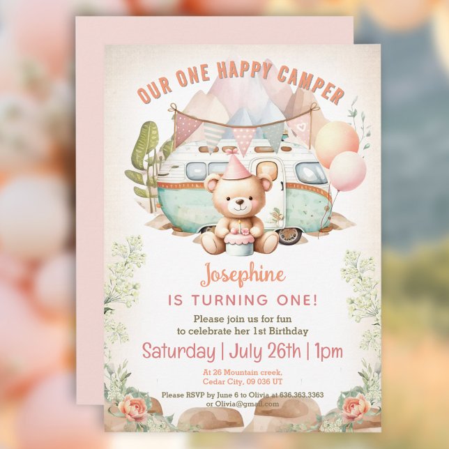 Invitación Feliz Camper verano 1er cumpleaños Chica Invitació (Happy Camper Summer 1st Birthday Girl Invitation)