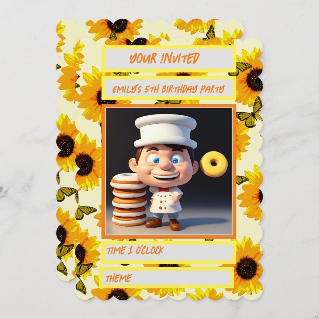 Invitación Feliz Chef de Donut 3D en Girasoles Amarillos, Cum (Anverso / Reverso)