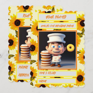 Invitación Feliz Chef de Donut 3D en Girasoles Amarillos, Cum