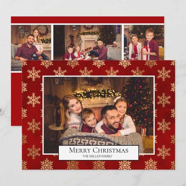 Invitación Feliz Collage de fotos navideño Red Gold Snowflake (Anverso / Reverso)