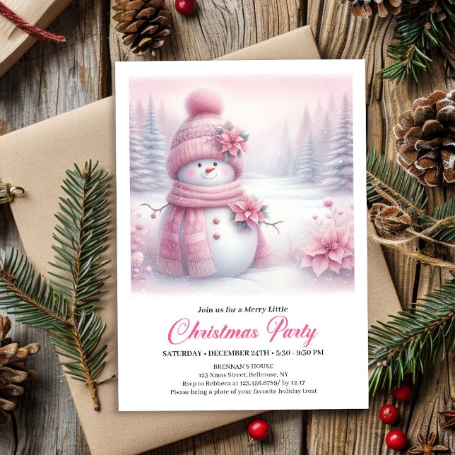 Invitación Feliz Copo de Nieve Coquette Rosa Editable Navidad (Happy Pink Coquette Snowman Editable Christmas Invite File)