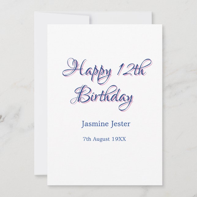 Invitación feliz cumpleaños 12 azul rosa nombre fecha simple  (Anverso)