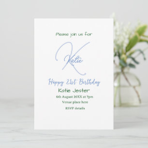Invitación Feliz cumpleaños 21 azul agregar nombre monograma