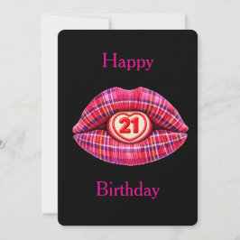 Invitación Feliz cumpleaños 21 Escocés Tartán Labios Lindos