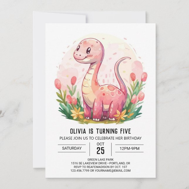 Invitación Feliz cumpleaños a Chica de dinosaurios bohemios e (Anverso)