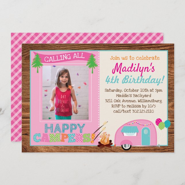 Invitación Feliz cumpleaños a la foto del Chica Camper (Anverso / Reverso)