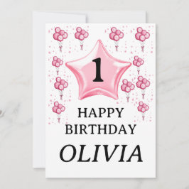 Invitación feliz cumpleaños a la primera niña globos rosados 