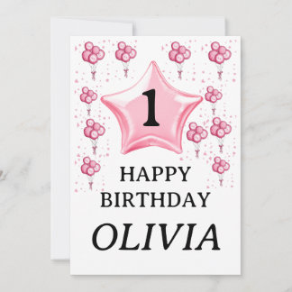 Invitación feliz cumpleaños a la primera niña globos rosados 