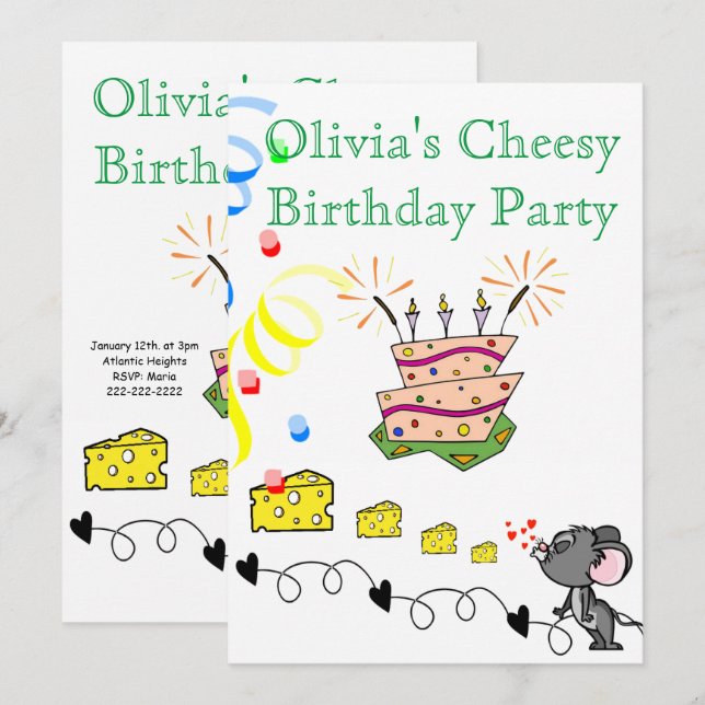 Invitación Feliz cumpleaños a Mousey Cheesy Fiesta (Anverso / Reverso)