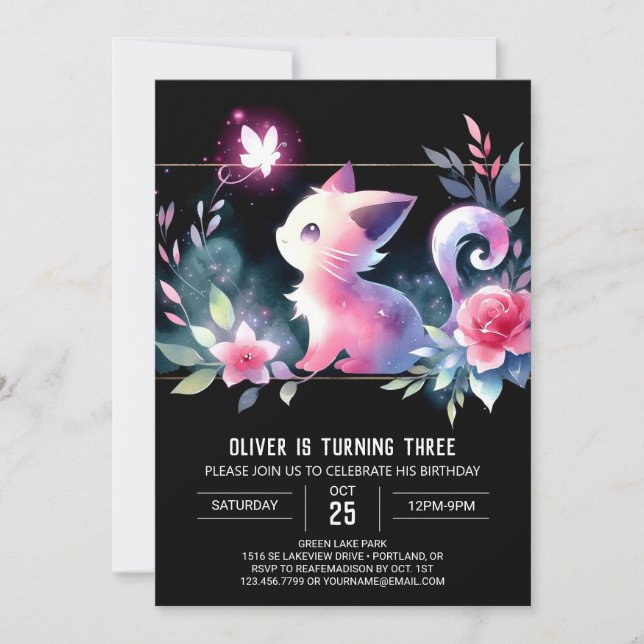 Invitación Feliz cumpleaños al gato moderno (Anverso)