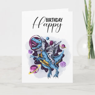 Invitación Feliz cumpleaños - astronauta montando un dinosaur