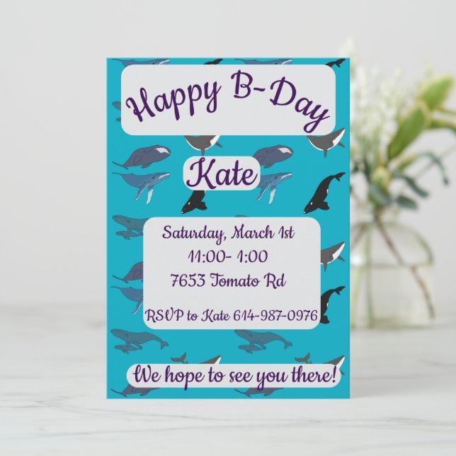 Invitación Feliz cumpleaños ballena (Anverso de pie)