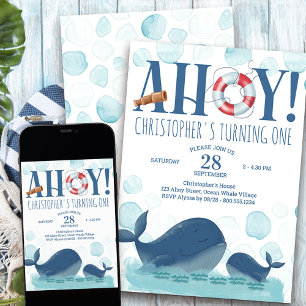 Invitación Feliz cumpleaños ballena Ahoy para cualquier edad