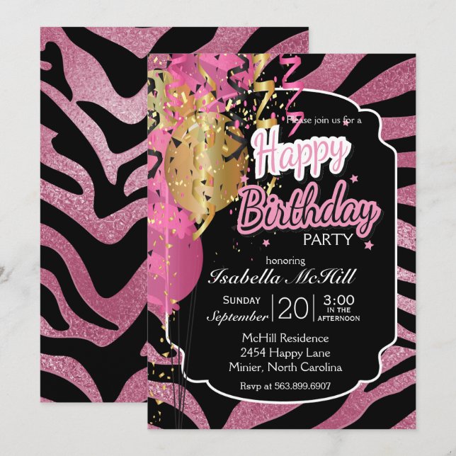 Invitación Feliz cumpleaños - Bandas de cebra rosadas y negra (Anverso / Reverso)
