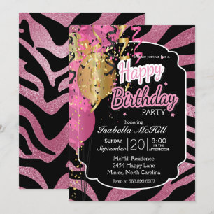 Invitación Feliz cumpleaños - Bandas de cebra rosadas y negra