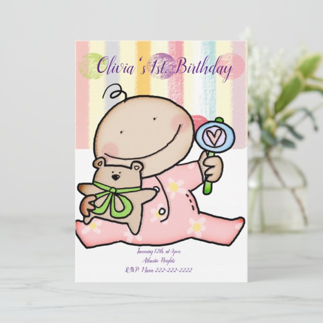 Invitación feliz cumpleaños bebé niña (Anverso de pie)
