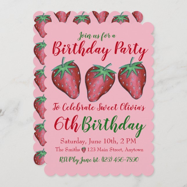 Invitación Feliz cumpleaños Berries de fresa rosadas y dulces (Anverso / Reverso)