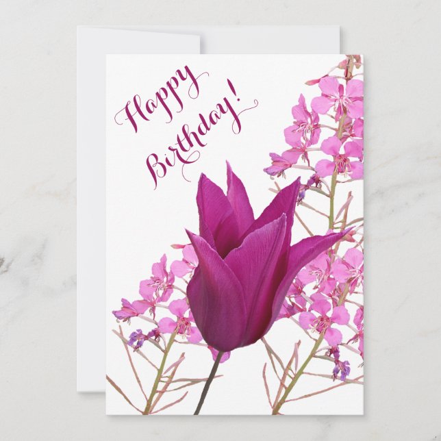 Invitación Feliz cumpleaños bonito tulipán rosa hermosa flor (Anverso)