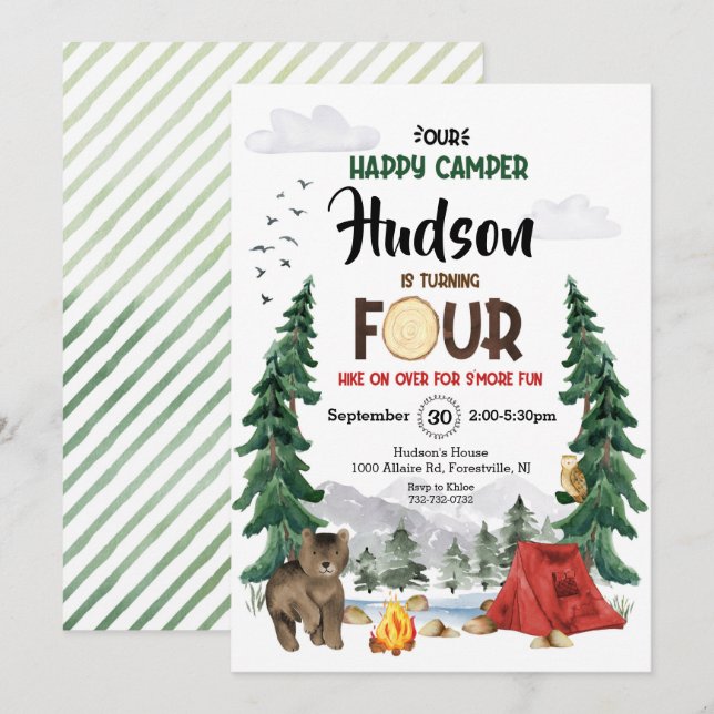 Invitación Feliz Cumpleaños Campista Feliz Bosque Cuatro (Anverso / Reverso)