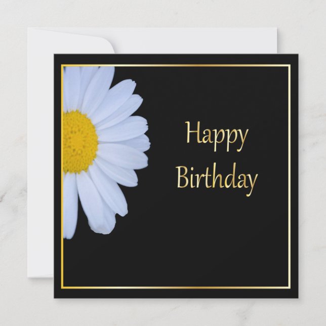 Invitación Feliz cumpleaños con flores blancas y negro (Anverso)