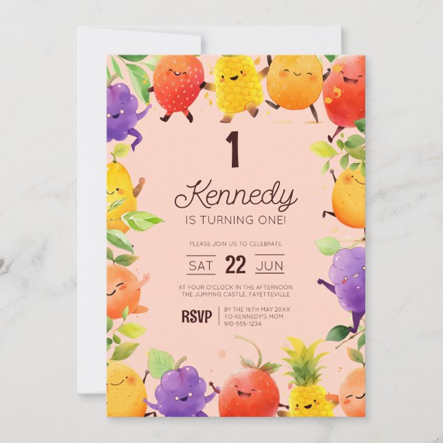 Invitación Feliz cumpleaños con temas de frutas (Anverso)