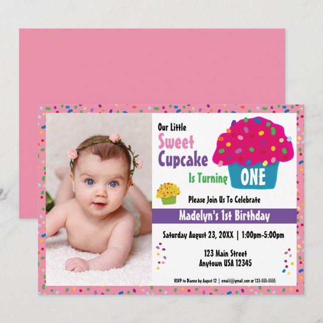 Invitación Feliz Cumpleaños Cupcake Glaseado con Purpurina (Anverso / Reverso)