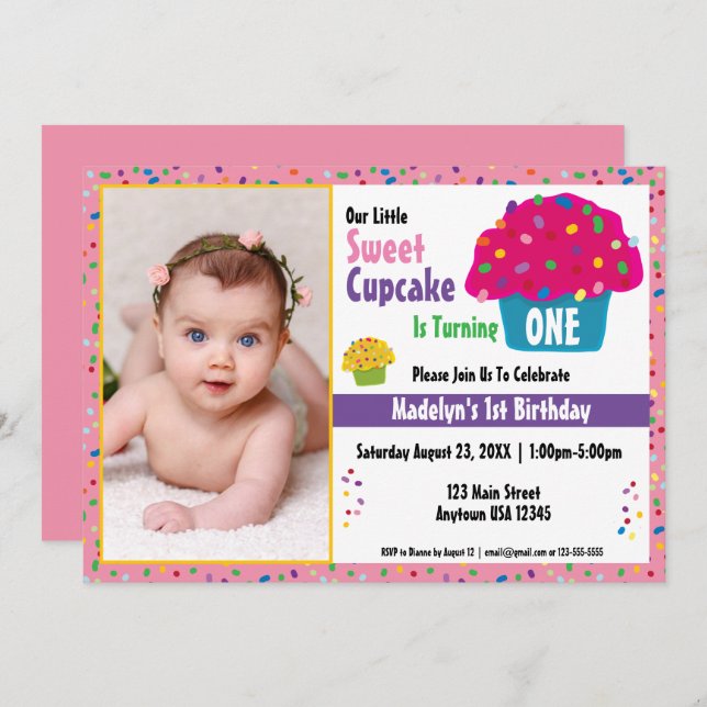 Invitación Feliz Cumpleaños Cupcake Glaseado Con Sprinkles (Anverso / Reverso)