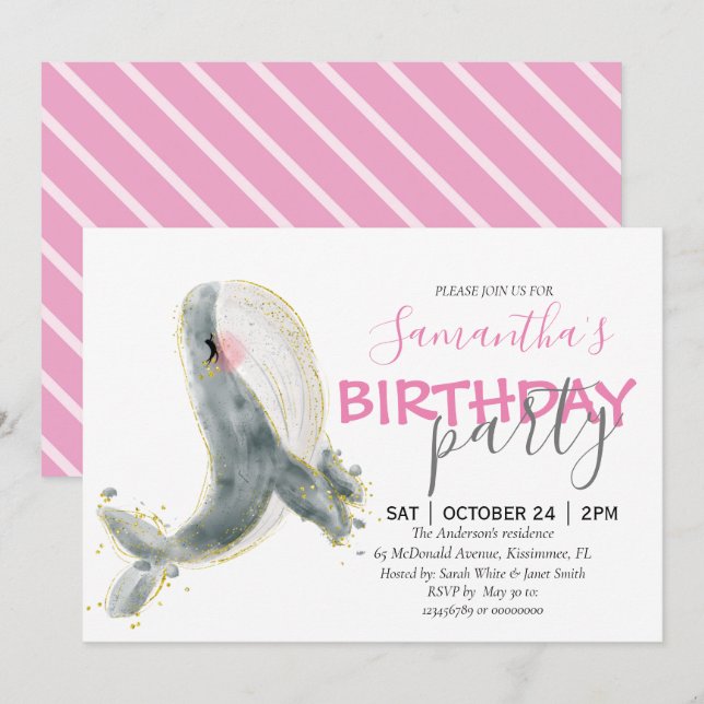 Invitación Feliz cumpleaños de ballena (Anverso / Reverso)
