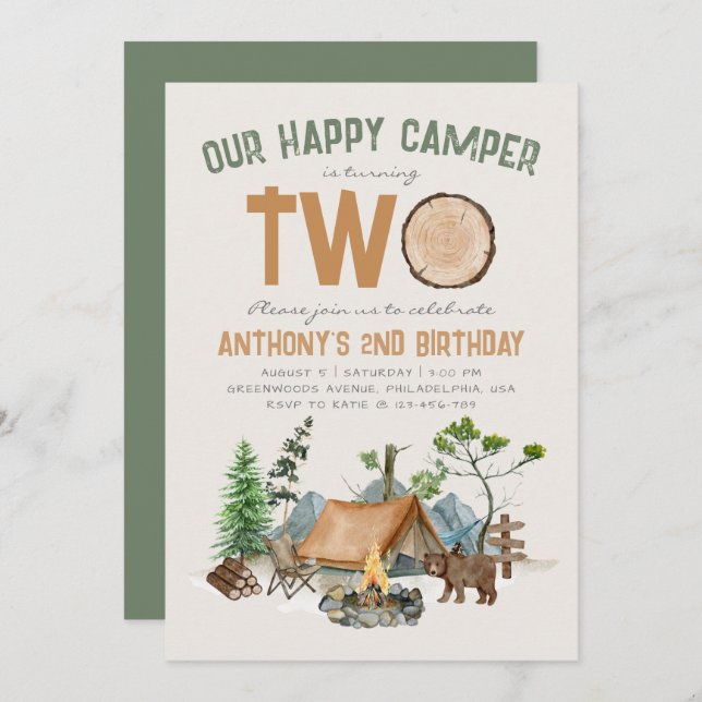Invitación Feliz cumpleaños de Camper Watercolor Woodland (Anverso / Reverso)