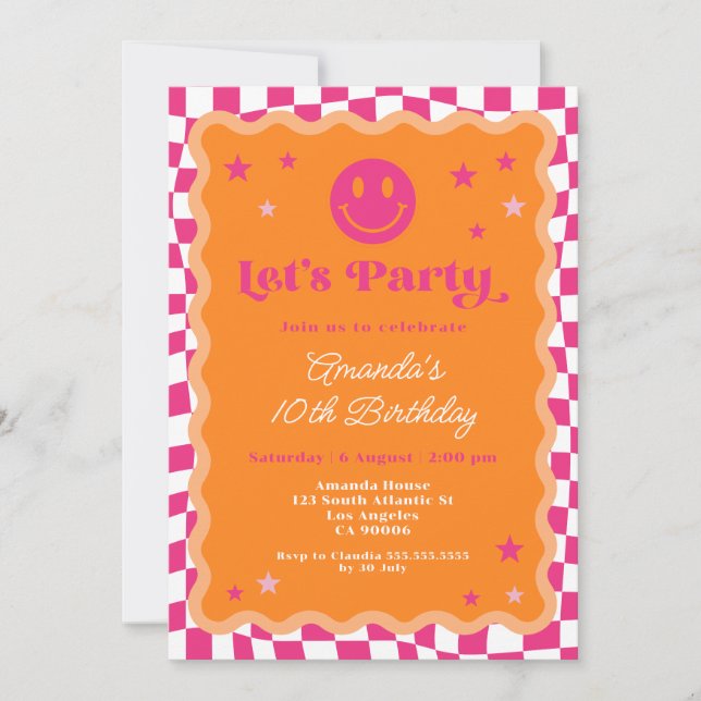 Invitación Feliz cumpleaños de Chica de sonrisa rosa y Naranj (Anverso)