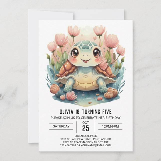 Invitación Feliz cumpleaños de Chica de tortuga de Moda (Anverso)