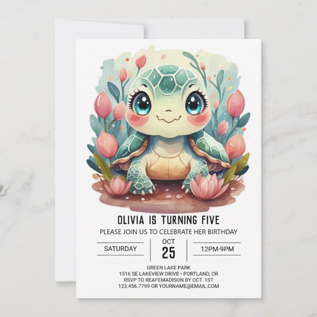 Invitación Feliz cumpleaños de Chica de tortuga infantil (Anverso)