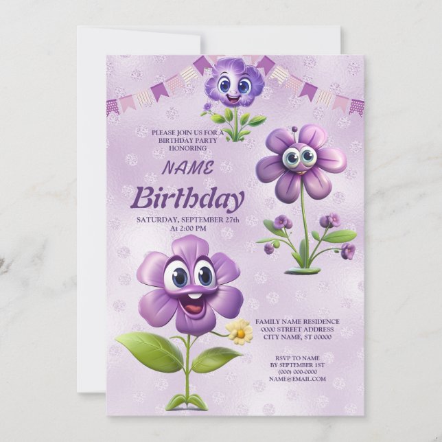Invitación Feliz cumpleaños de flores moradas (Anverso)