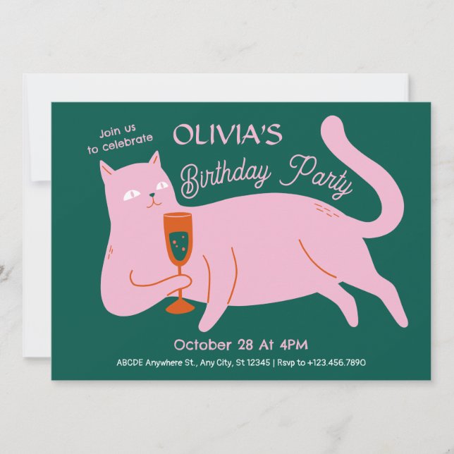 Invitación Feliz cumpleaños de gato verde rosa (Anverso)