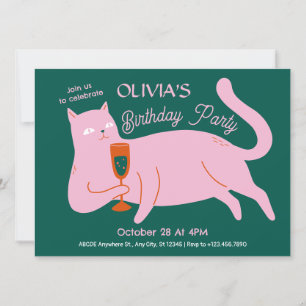 Invitación Feliz cumpleaños de gato verde rosa