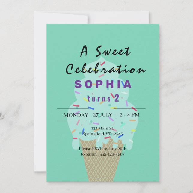 Invitación Feliz Cumpleaños de Helado Dulce  (Anverso)